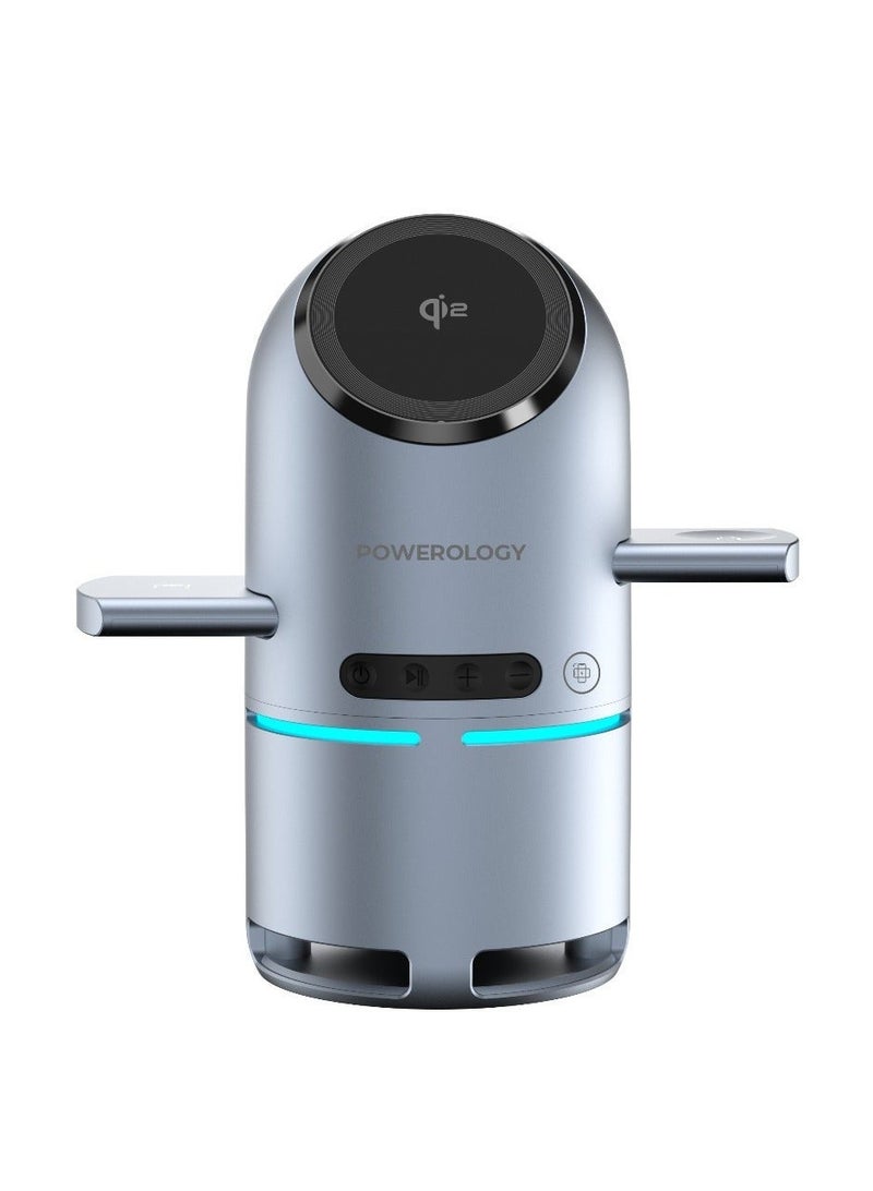 Powerology Qi2 Speaker Charge Station 1000mAh Battery / Built-In Bluetooth Speaker / Pop-Out Charging Dock / Music Control Button / Built-In Safeguard / Wireless Charger / Portable Charger- Grey - Image 4