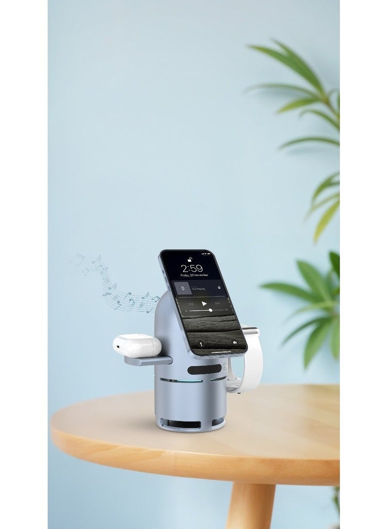 Powerology Qi2 Speaker Charge Station 1000mAh Battery / Built-In Bluetooth Speaker / Pop-Out Charging Dock / Music Control Button / Built-In Safeguard / Wireless Charger / Portable Charger- Grey - Image 2