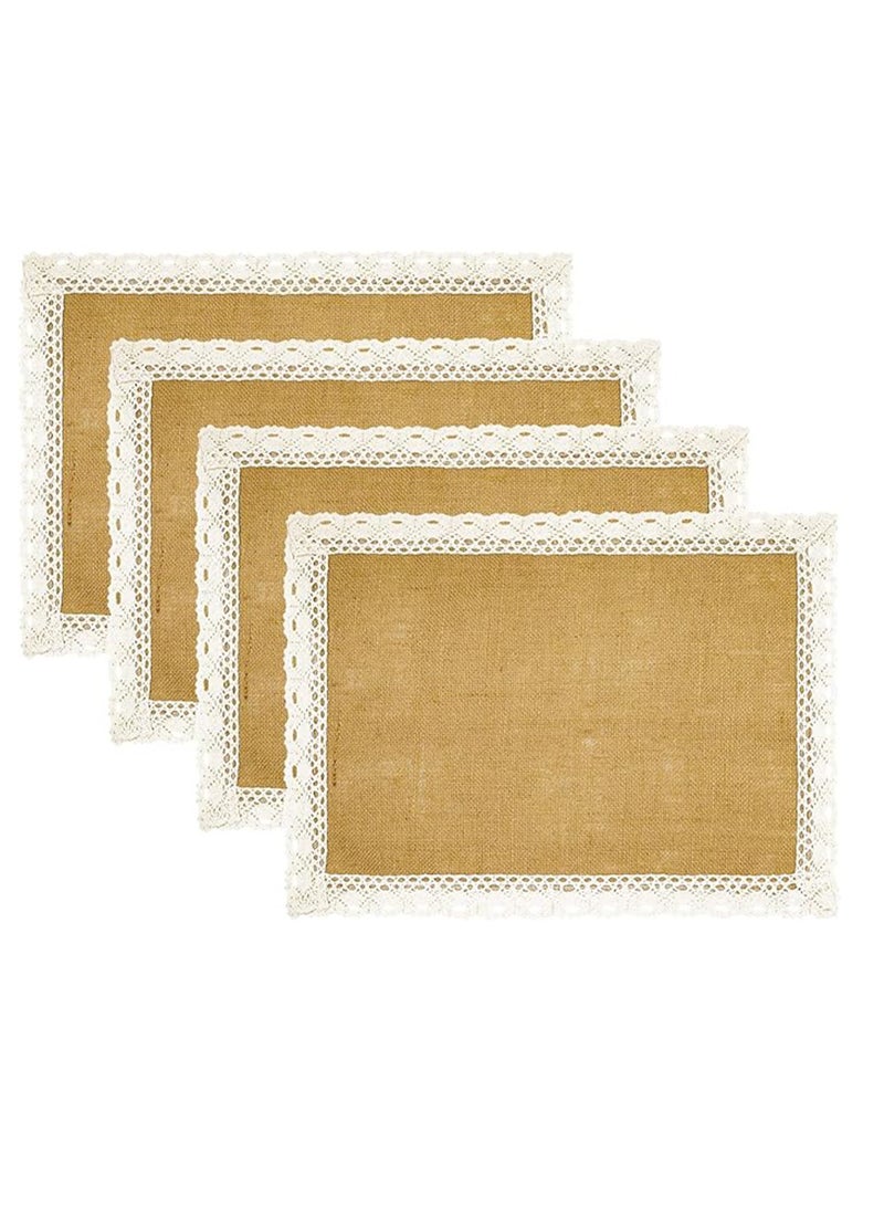 Placemats Set of 4 Jute Placemats Burlap Table Mats White Lace Table Mats Rectangular Woven Fabric Heat Resistant Non-slip Placemats for Farmhouse Kitchen Table Decoration - Image 1