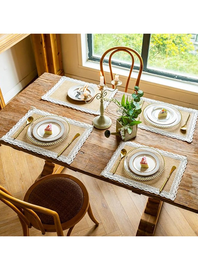 Placemats Set of 4 Jute Placemats Burlap Table Mats White Lace Table Mats Rectangular Woven Fabric Heat Resistant Non-slip Placemats for Farmhouse Kitchen Table Decoration - Image 3