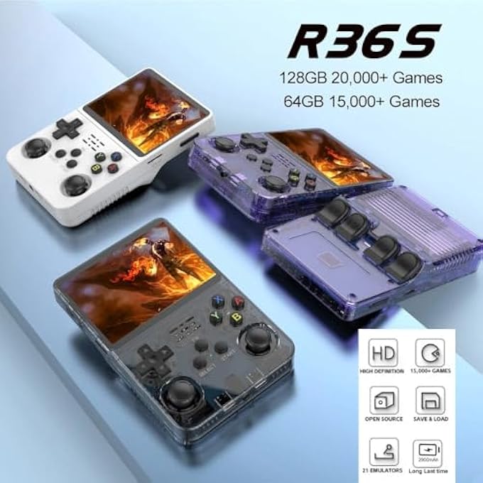 R36S RETRO HANDHELD GAME CONSOLE WITH 128G BUILT-IN 20000+ CLASSIC GAMES, OPEN SOURCE LINUX SYSTEM 3.5 INCH IPS SCREEN PORTABLE POCKET VIDEO PLAYER, TRANSLUCENT PURPLE - Image 5