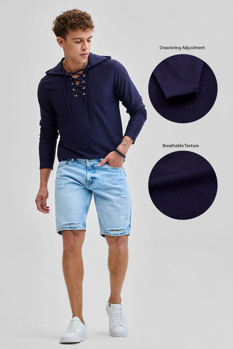 SNITCH Navy Lace-Up Textured Hoodie