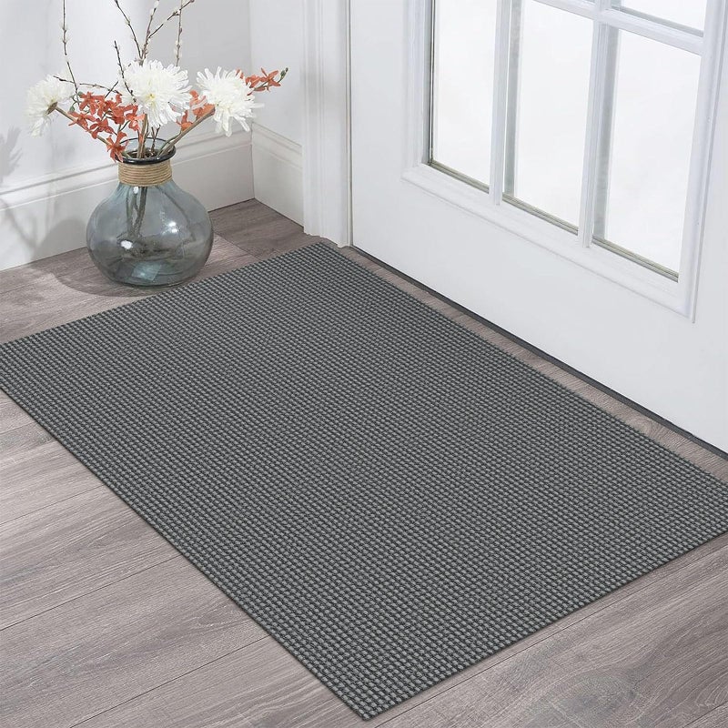 KOZYFLY Indoor Door Mat 2x3 ft Small Area Rugs Washable Front Door Mat Non Slip Rubber Backed Entryway Rug Cotton Entrance Doormat for Front Porch Bathroom Kitchen Bedroom, Grey/Dark Grey - Image 1