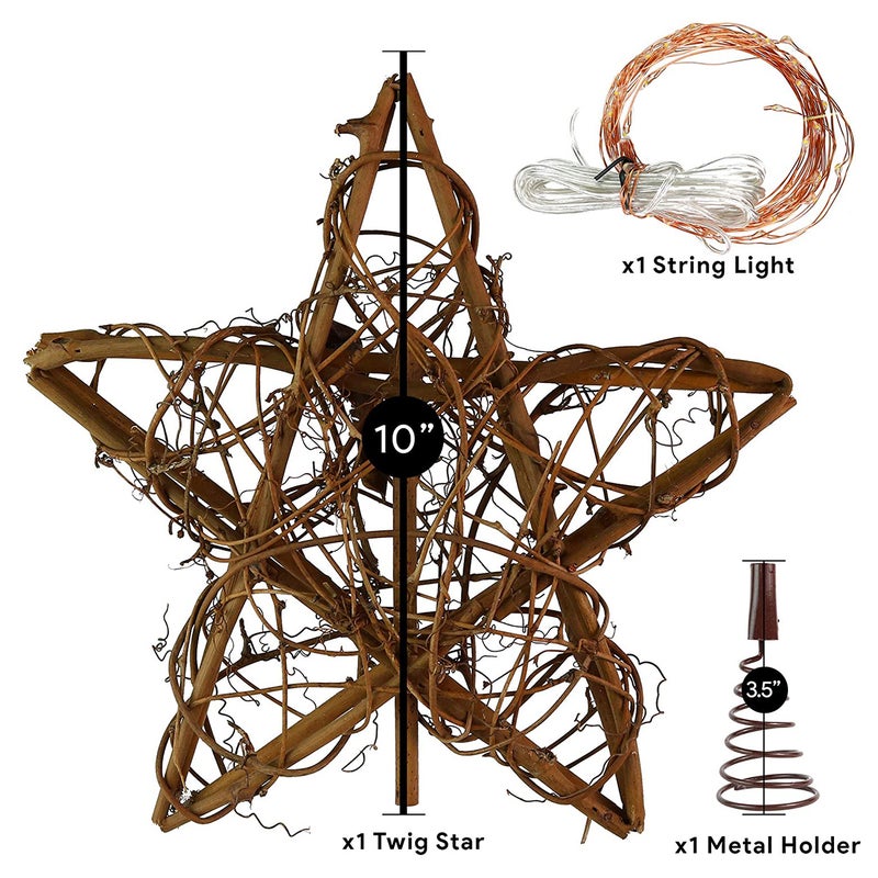 Christmas Star Tree Topper with 30 LED Warm White Copper Lights, Vintage Rattan Natural Christmas Decorations for Christmas Tree, Table, Fireplace - Image 3
