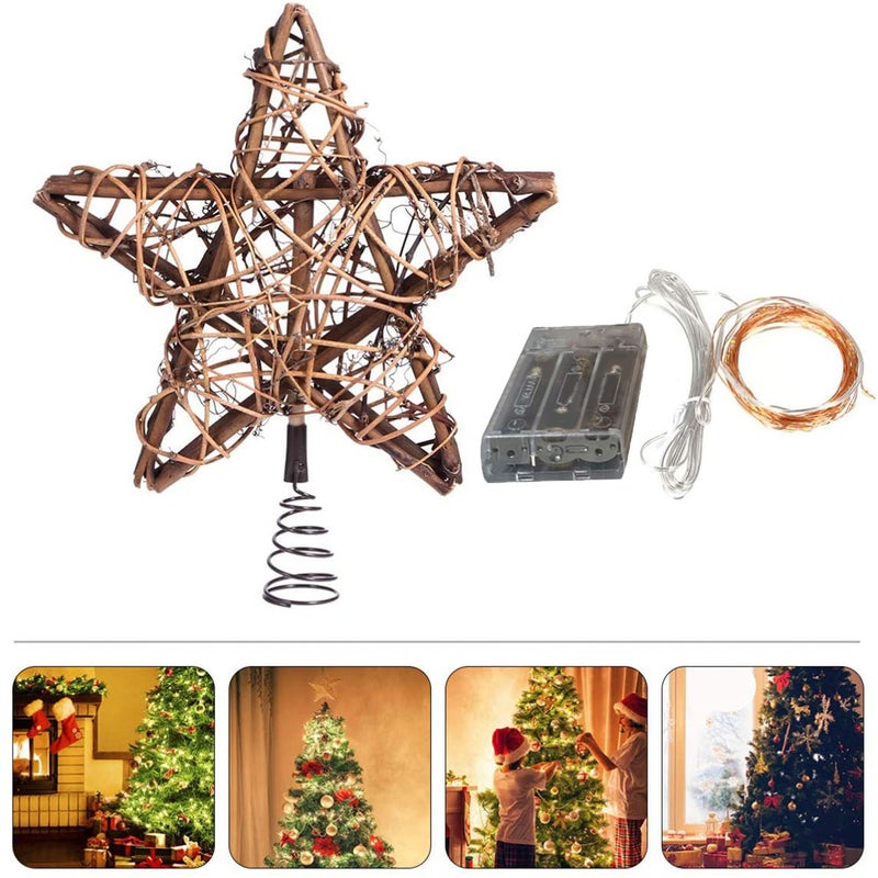 Christmas Star Tree Topper with 30 LED Warm White Copper Lights, Vintage Rattan Natural Christmas Decorations for Christmas Tree, Table, Fireplace - Image 2