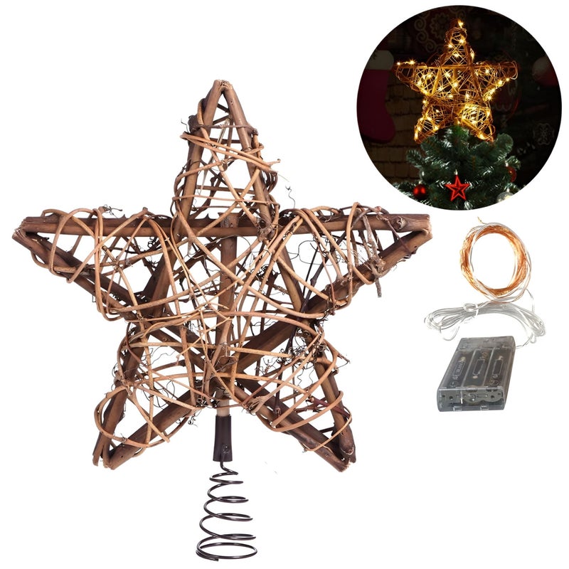 Christmas Star Tree Topper with 30 LED Warm White Copper Lights, Vintage Rattan Natural Christmas Decorations for Christmas Tree, Table, Fireplace - Image 1