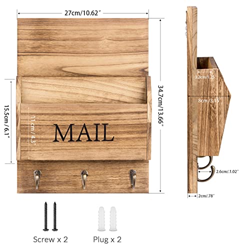 DLQuarts Mail Organizer with Key Holder for Wall Decorative Mail Sorter Wall Mounted, Wooden Mail Holder with 3 Hooks, Carbonized Brown - Image 5