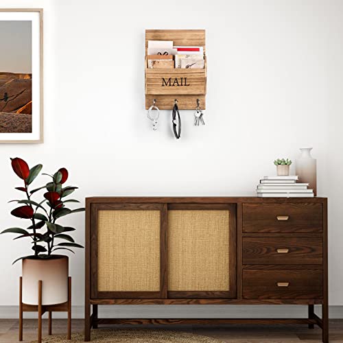 DLQuarts Mail Organizer with Key Holder for Wall Decorative Mail Sorter Wall Mounted, Wooden Mail Holder with 3 Hooks, Carbonized Brown - Image 2