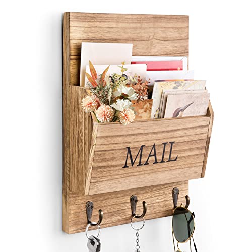 DLQuarts Mail Organizer with Key Holder for Wall Decorative Mail Sorter Wall Mounted, Wooden Mail Holder with 3 Hooks, Carbonized Brown - Image 1
