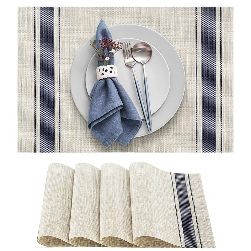 DACHUI Placemats Set of 4 Soft Elegant Woven Vinyl Place Mats Water Resistant Heat Resistant Washable Durable Table Mats Blue Stripes