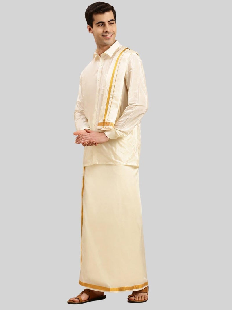 RAMRAJ COTTON Shirt With Dhoti and Towel(Cream;42) - Image 3