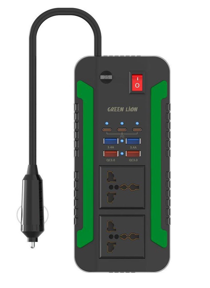 GREEN LION - Spark 300 Power Inverter / 2 QC3.0 Quick Charge / 2 AC Outlets / 2 USB-A 2 / 2 USB-A 3 / 3 USB-C (PD) / 300W Max Power / Short Circuit Protection / Safe and Reliable / Overheat Protection / Multiple Function / Low Voltage Protection / High Voltage Protection / Surge Protection - Black - Image 1