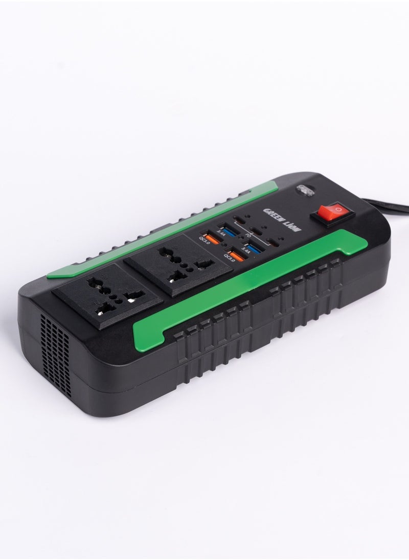 GREEN LION - Spark 300 Power Inverter / 2 QC3.0 Quick Charge / 2 AC Outlets / 2 USB-A 2 / 2 USB-A 3 / 3 USB-C (PD) / 300W Max Power / Short Circuit Protection / Safe and Reliable / Overheat Protection / Multiple Function / Low Voltage Protection / High Voltage Protection / Surge Protection - Black - Image 1