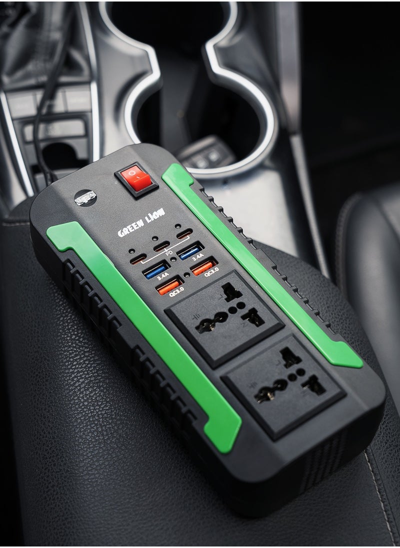 GREEN LION - Spark 300 Power Inverter / 2 QC3.0 Quick Charge / 2 AC Outlets / 2 USB-A 2 / 2 USB-A 3 / 3 USB-C (PD) / 300W Max Power / Short Circuit Protection / Safe and Reliable / Overheat Protection / Multiple Function / Low Voltage Protection / High Voltage Protection / Surge Protection - Black - Image 1