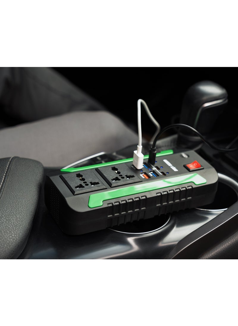 GREEN LION - Spark 300 Power Inverter / 2 QC3.0 Quick Charge / 2 AC Outlets / 2 USB-A 2 / 2 USB-A 3 / 3 USB-C (PD) / 300W Max Power / Short Circuit Protection / Safe and Reliable / Overheat Protection / Multiple Function / Low Voltage Protection / High Voltage Protection / Surge Protection - Black - Image 1