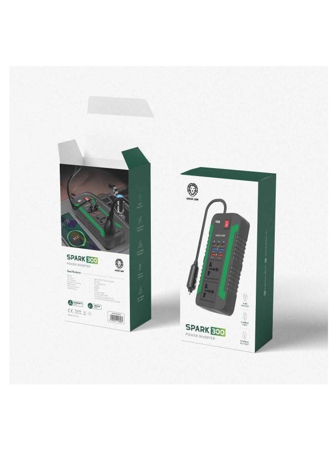 GREEN LION - Spark 300 Power Inverter / 2 QC3.0 Quick Charge / 2 AC Outlets / 2 USB-A 2 / 2 USB-A 3 / 3 USB-C (PD) / 300W Max Power / Short Circuit Protection / Safe and Reliable / Overheat Protection / Multiple Function / Low Voltage Protection / High Voltage Protection / Surge Protection - Black - Image 1