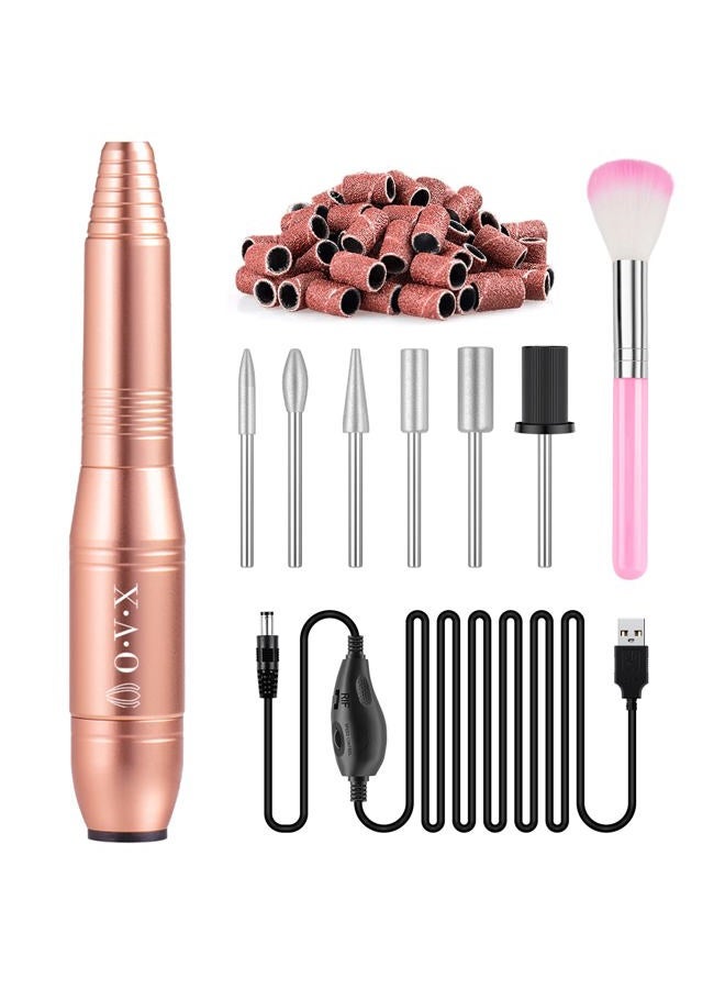 OVX Professional Acrylic Nail Drill, USB Electric Nail Drill Machine, Portable Electrical Nail File Kit for Gel Nails and Home Salon, Manicure Pedicure Polishing Shape Tools, Gold - Image 1