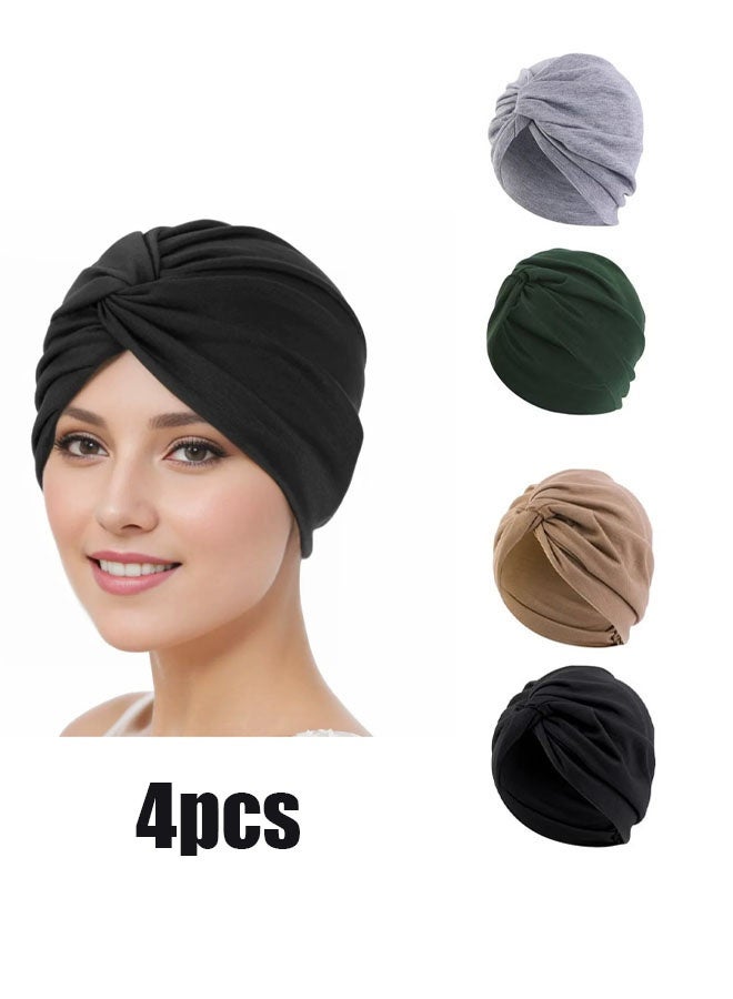إيليلي 4 قطع من العمائم للنساء، عمامة ناعمة مربوطة مسبقًا بعقدة قابلة للتمدد، أغطية رأس للعلاج الكيميائي، قبعة صغيرة مطوية، قبعة نوم للنساء والفتيات - Image 1