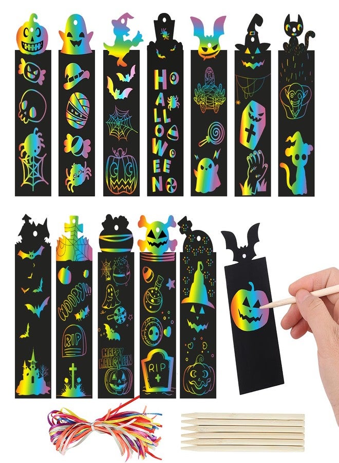 FOIMAS 48pcs Halloween Scratch Bookmarks,DIY Pumpkin Bat Bookmark Halloween Magic Scratch Paper Art for Halloween Craft Supply - Image 1