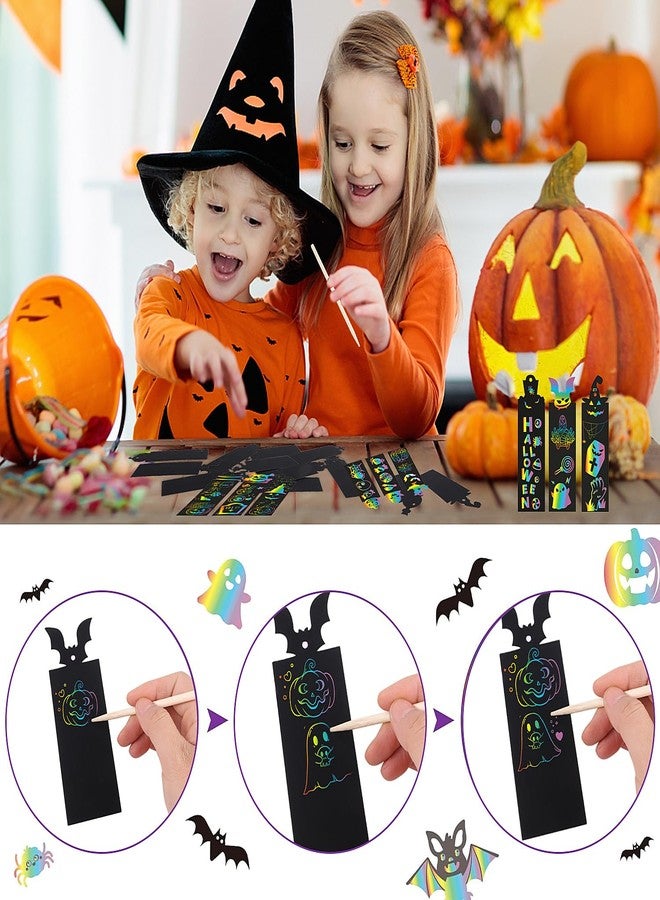 FOIMAS 48pcs Halloween Scratch Bookmarks,DIY Pumpkin Bat Bookmark Halloween Magic Scratch Paper Art for Halloween Craft Supply - Image 3