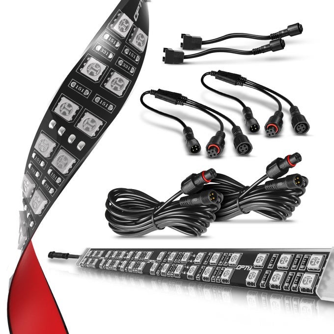 AURA DOUBLE ROW EXPANSION PACK 2PC 12 RGB MULTICOLOR LED STRIPS WSPLITTERS AND EXTENSION WIRES FOR CAR INTERIOR WHEELWELL GRILLE MOTORCYCLE CRUISER GOLF CART BOAT LIGHTS ACCESSORIES