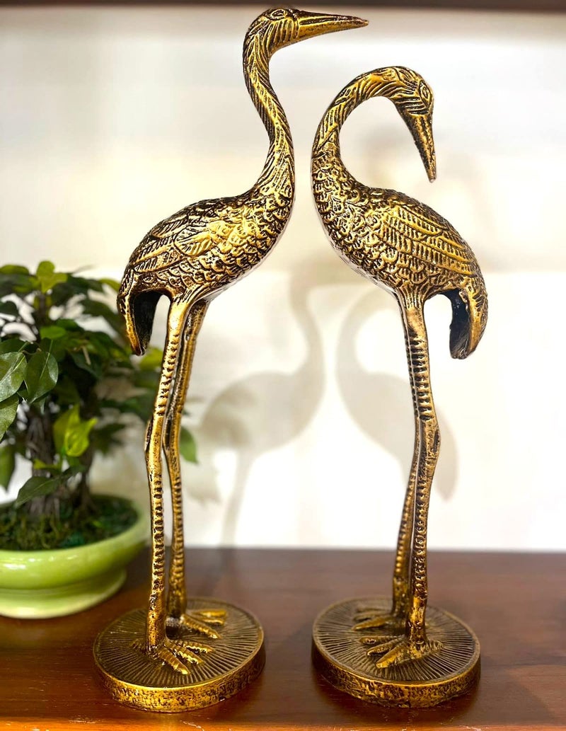 The Artage Brass Finish Crane Love Birds Pair Saras Swan Showpiece Set for Home Decor Metal Statue Figurines Decorative Tabletop Decoration Item for Living Room, Office or Gift Good Luck (Antique) - Image 1