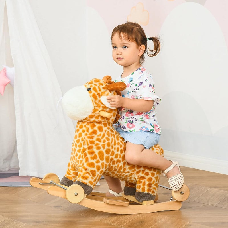 Qaba Rocking Horse, 2 in 1 Kids Ride on Horse, Rolling Giraffe Animal Rocker with Sound, Wooden Base, Pedal, Grip Handle, Plush Riding Pony for 3-6 Years Old, Yellow - Image 2