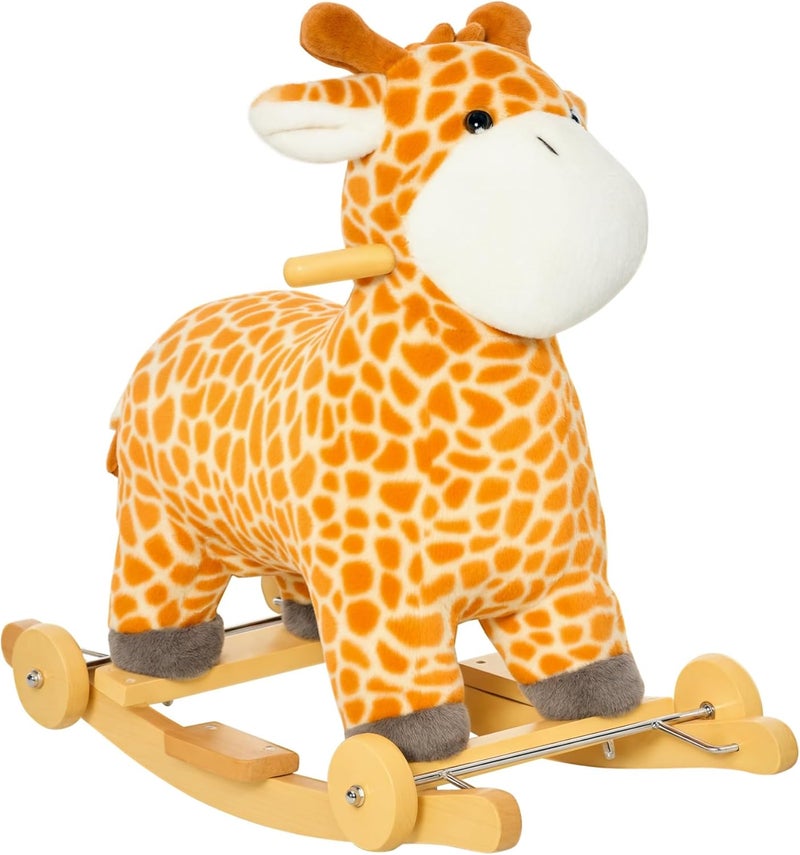 Qaba Rocking Horse, 2 in 1 Kids Ride on Horse, Rolling Giraffe Animal Rocker with Sound, Wooden Base, Pedal, Grip Handle, Plush Riding Pony for 3-6 Years Old, Yellow - Image 1