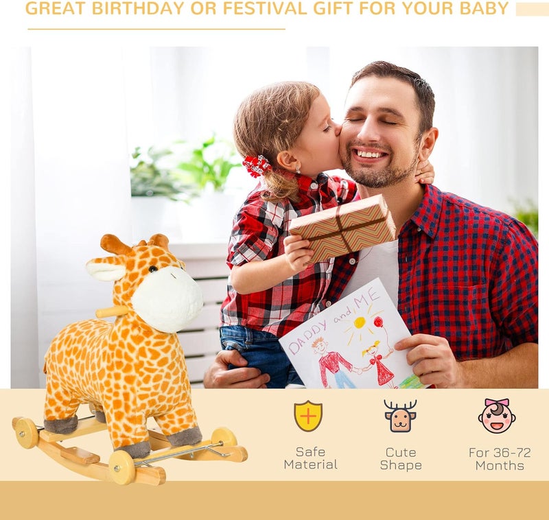 Qaba Rocking Horse, 2 in 1 Kids Ride on Horse, Rolling Giraffe Animal Rocker with Sound, Wooden Base, Pedal, Grip Handle, Plush Riding Pony for 3-6 Years Old, Yellow - Image 3