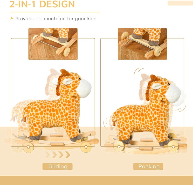 Qaba Rocking Horse, 2 in 1 Kids Ride on Horse, Rolling Giraffe Animal Rocker with Sound, Wooden Base, Pedal, Grip Handle, Plush Riding Pony for 3-6 Years Old, Yellow - Image 4