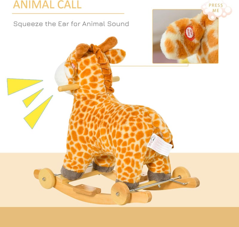 Qaba Rocking Horse, 2 in 1 Kids Ride on Horse, Rolling Giraffe Animal Rocker with Sound, Wooden Base, Pedal, Grip Handle, Plush Riding Pony for 3-6 Years Old, Yellow - Image 5