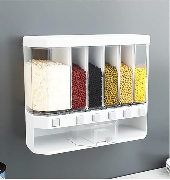 PULSBERY 6 Grid Dry Food Dispenser Kitchen Storage Wall Mounted,Airtight Storage Container for Kitchen Organization Space Saving Containers for Cereal,Rice,Nuts,Coffee Bean,Snack,Grain - Image 1