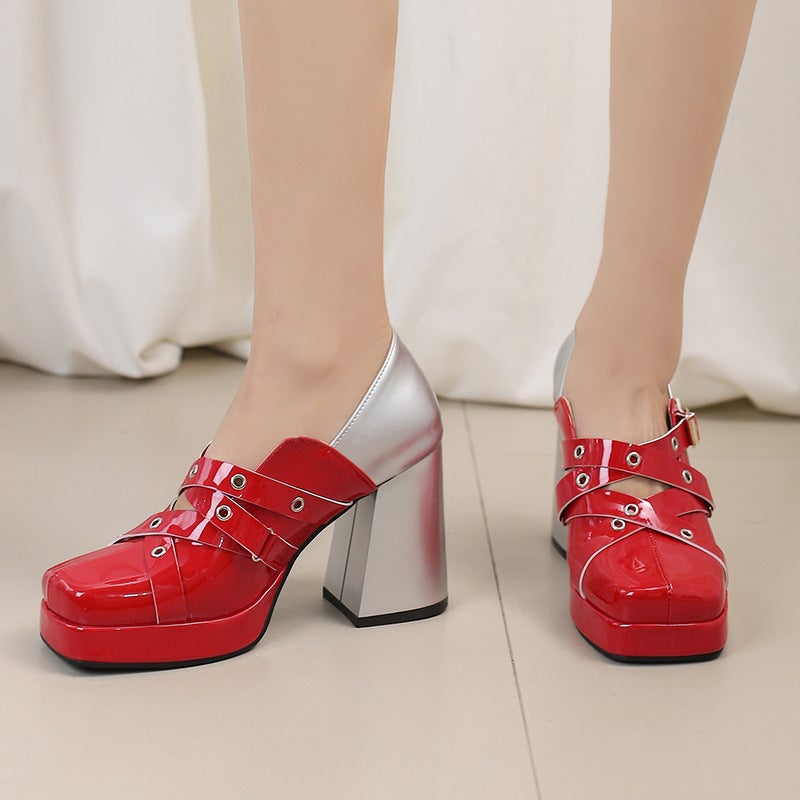 Foreign Single 2025 Spring Style Thick Bottom Square Head 33-48 Size Color Matching Punk Style Shoes Women - Image 3