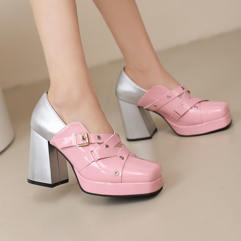 Foreign Single 2025 Spring Style Thick Bottom Square Head 33-48 Size Color Matching Punk Style Shoes Women - Image 4