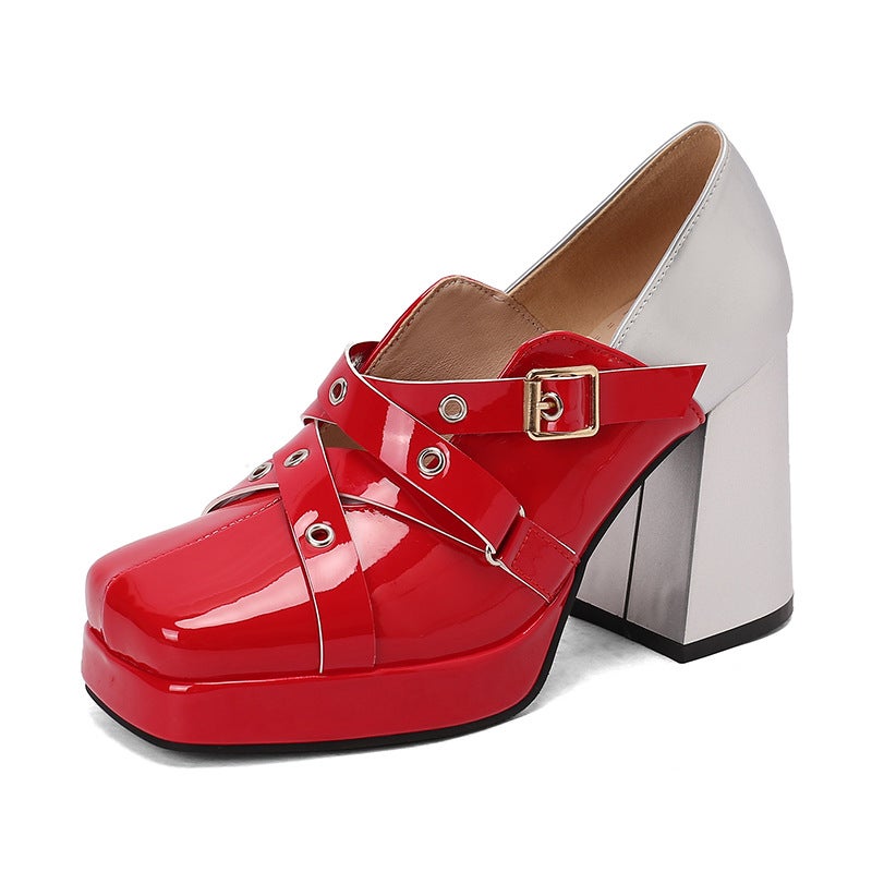 Foreign Single 2025 Spring Style Thick Bottom Square Head 33-48 Size Color Matching Punk Style Shoes Women - Image 1