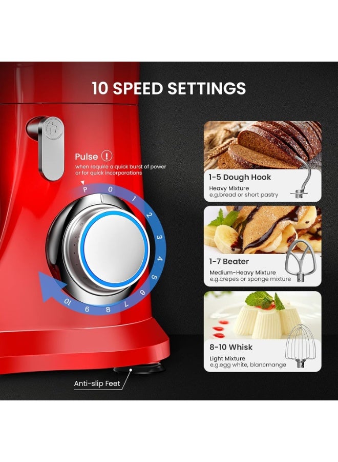 NOVA Electric Stand Mixer 6 Litre Stainless Steel Bowl 1100W Powerful Motor 6 Speeds Plus Pulse Function Tilt Head Design With Whisk Beater Dough Hook And Transparent Anti Splash Lid For Home Baking Red - Image 5