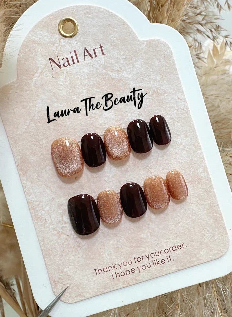 LauraTheBeauty 10 Pcs Rhinestone Nail Art False Nails Short Square Fake Nails Press on Nails with Wearing Tools - Image 2