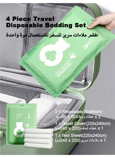4 Piece Travel Disposable Bedding Set with Portable Disposable Bed Sheet, 2 Pillowcases, Quilt Cover, Disposable Fitted Sheets Travel Bedding Cover for Hotel