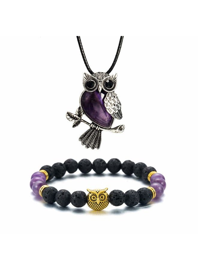 Softones Owl Necklace Healing Crystals Necklace for Women Men Reiki Spiritual Energy Gemstone Necklace Lava Owl Bracelet Set Gifts for Women with Gift Box, lapis lazuli Stone - Image 1