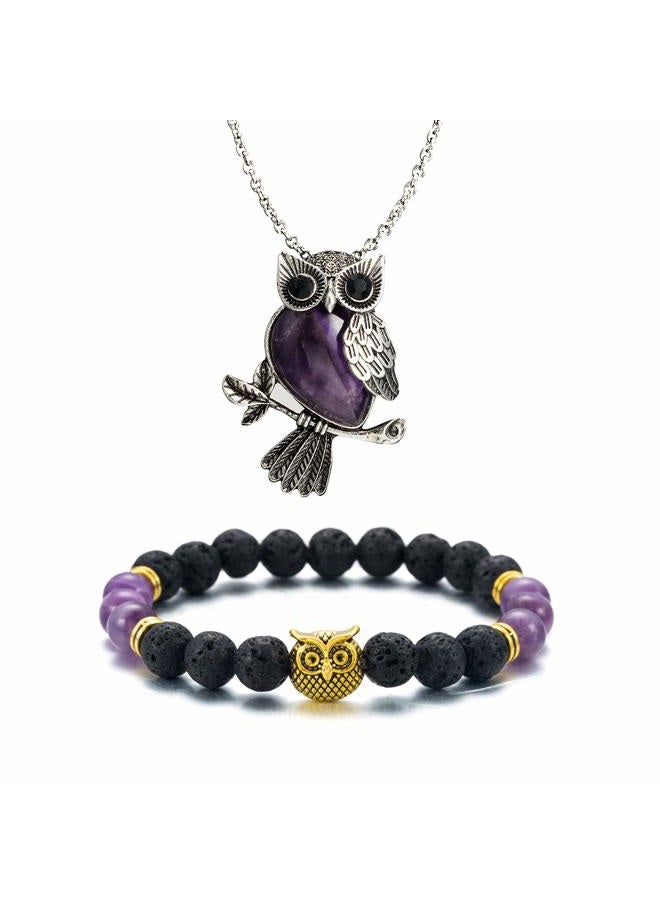 Softones Owl Necklace Healing Crystals Necklace for Women Men Reiki Spiritual Energy Gemstone Necklace Lava Owl Bracelet Set Gifts for Women with Gift Box, lapis lazuli Stone - Image 2