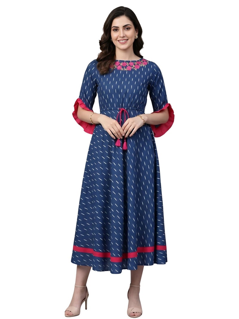 Yash Gallery Women's Cambric Cotton Anarkali Kurta - Flared Calf-Length Kurti Dress for Girl (Blue, S) - Image 1