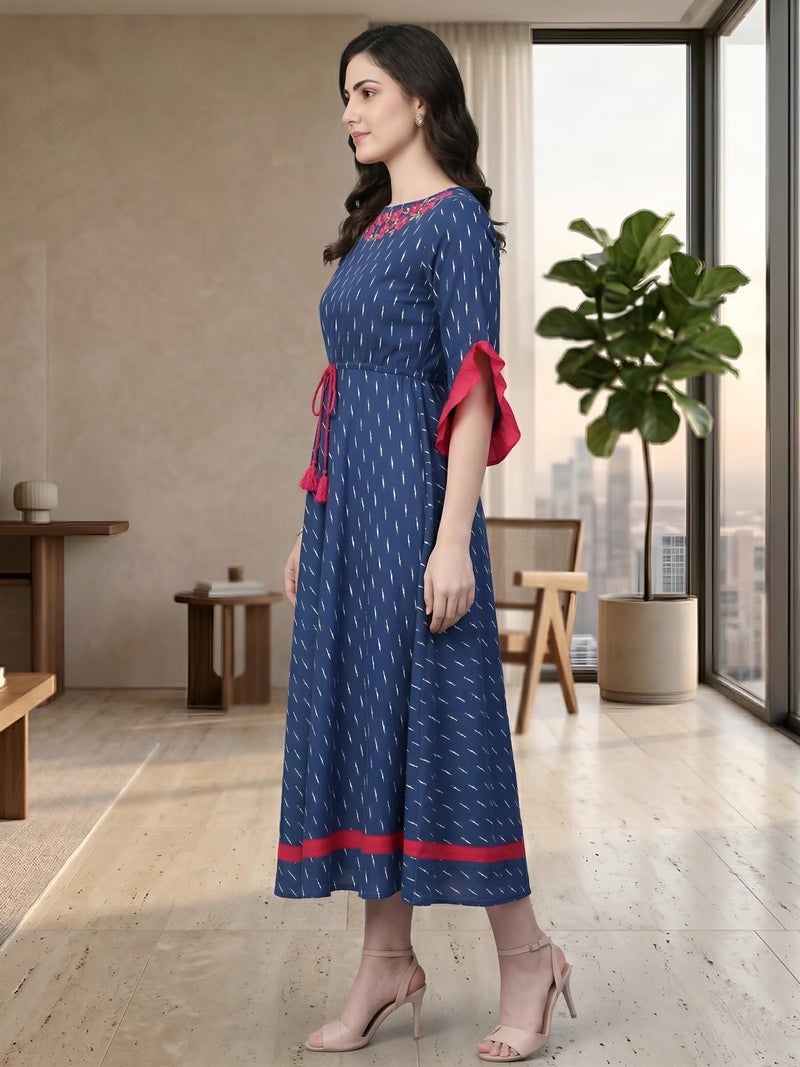 Yash Gallery Women's Cambric Cotton Anarkali Kurta - Flared Calf-Length Kurti Dress for Girl (Blue, S) - Image 3