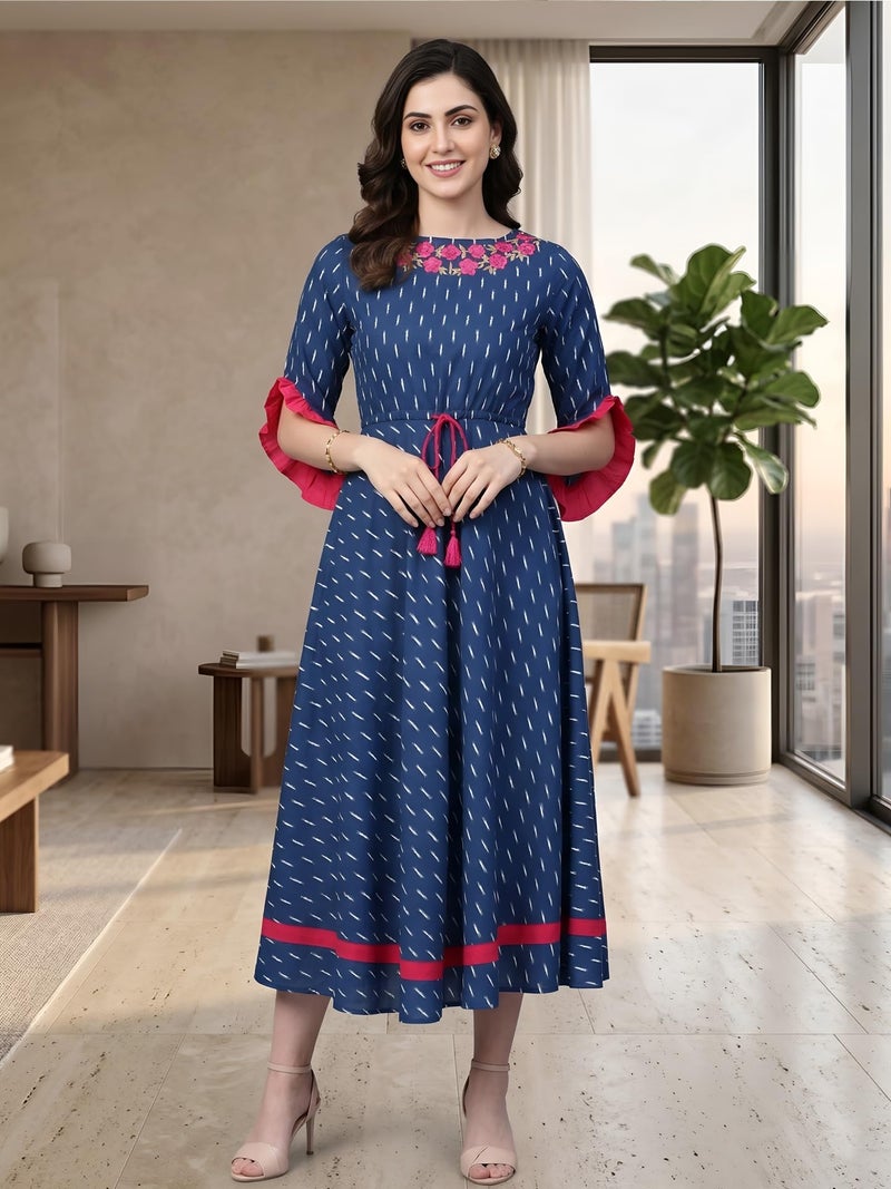 Yash Gallery Women's Cambric Cotton Anarkali Kurta - Flared Calf-Length Kurti Dress for Girl (Blue, S) - Image 2