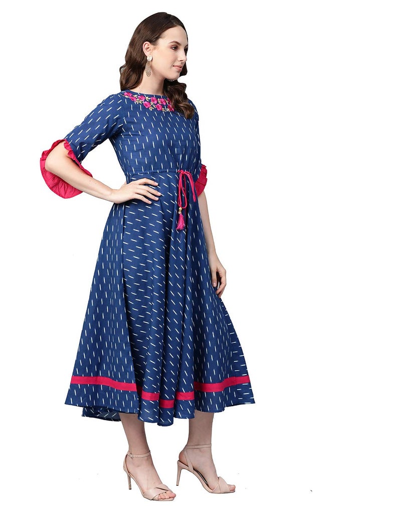 Yash Gallery Women's Cambric Cotton Anarkali Kurta - Flared Calf-Length Kurti Dress for Girl (Blue, S) - Image 4