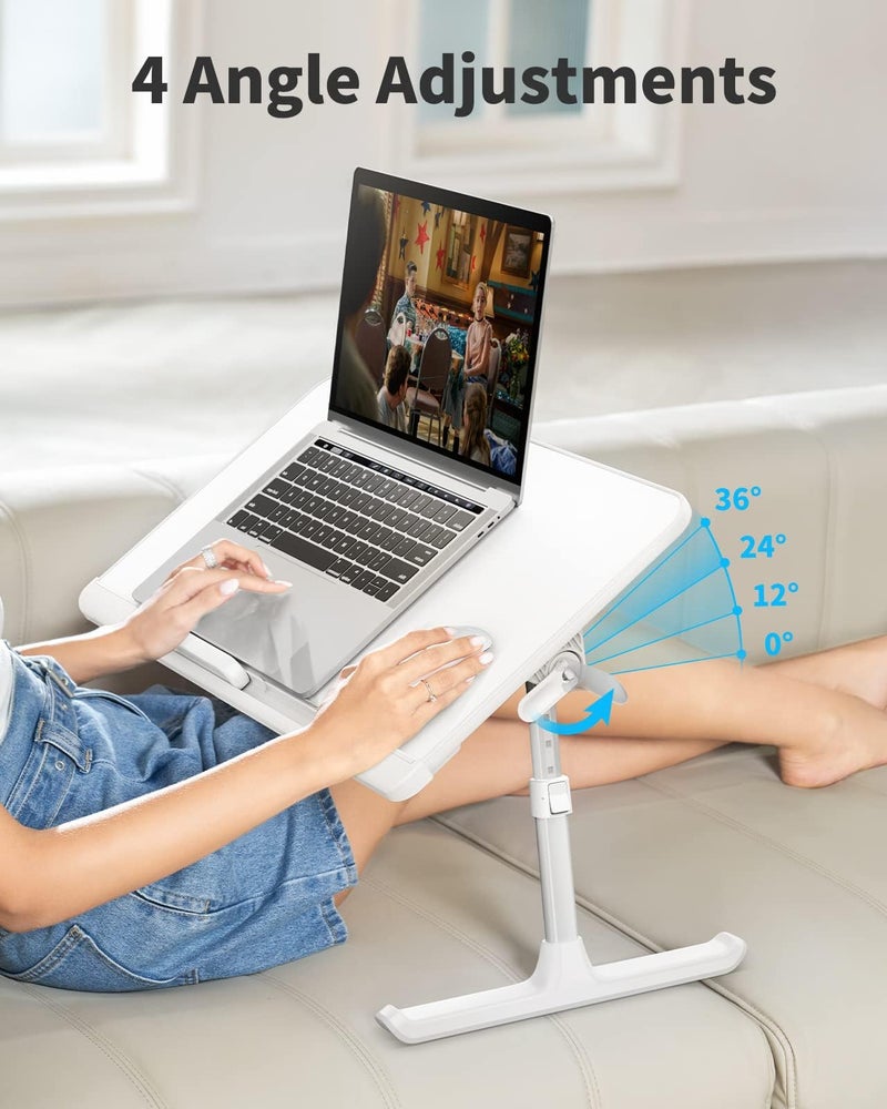 SAIJI Laptop Bed Tray Table, Adjustable PVC Leather Laptop Bed Table, Portable Standing Desk with Storage Drawer, Foldable Lap Tablet Table for Sofa Couch Floor (Large,White) - Image 3