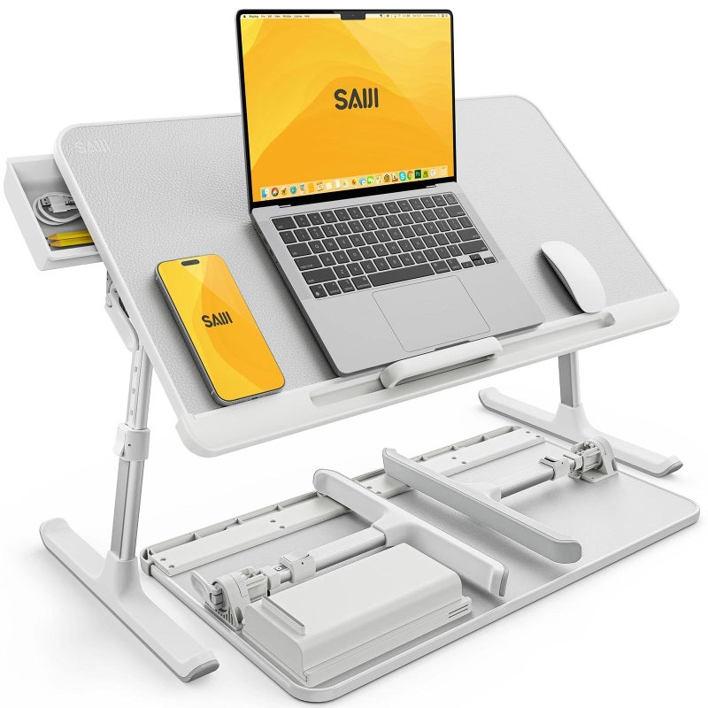 SAIJI Laptop Bed Tray Table, Adjustable PVC Leather Laptop Bed Table, Portable Standing Desk with Storage Drawer, Foldable Lap Tablet Table for Sofa Couch Floor (Large,White) - Image 1