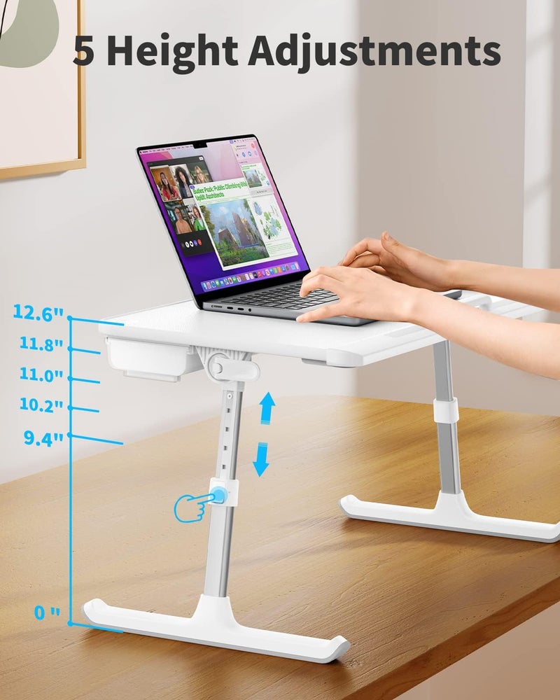 SAIJI Laptop Bed Tray Table, Adjustable PVC Leather Laptop Bed Table, Portable Standing Desk with Storage Drawer, Foldable Lap Tablet Table for Sofa Couch Floor (Large,White) - Image 4