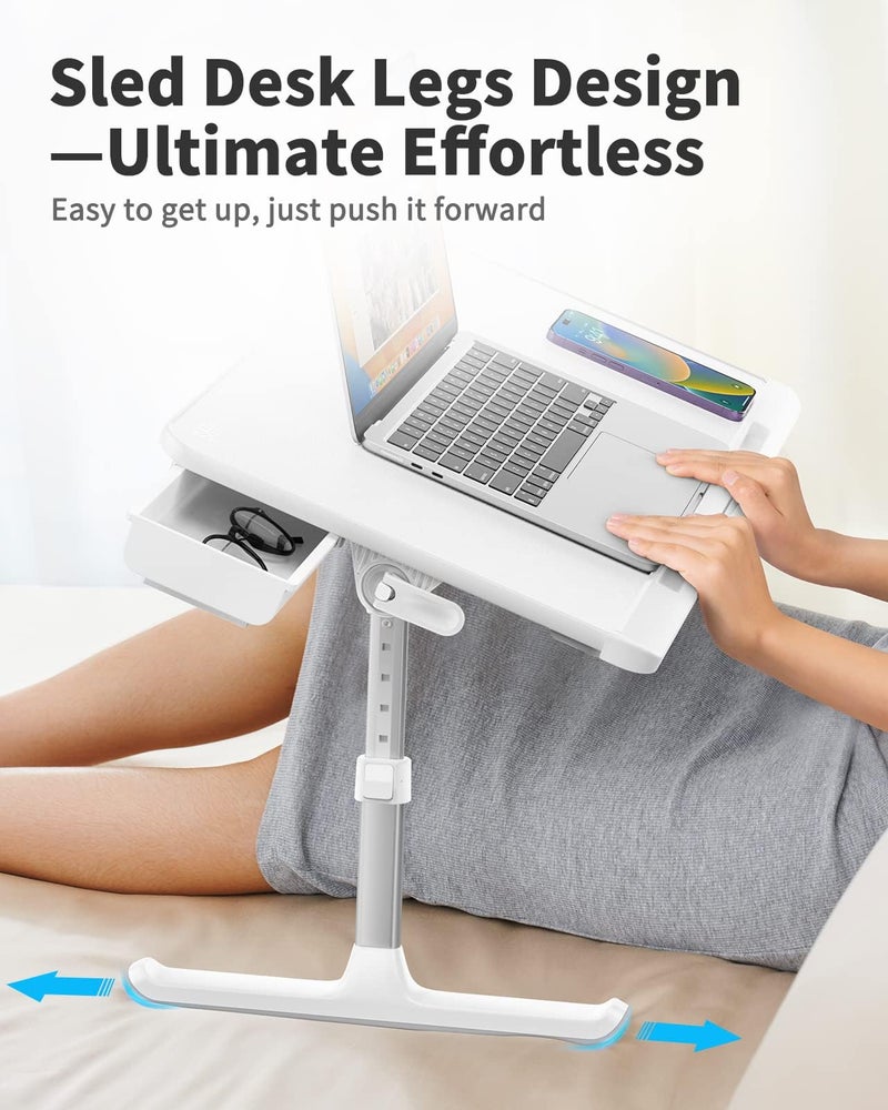SAIJI Laptop Bed Tray Table, Adjustable PVC Leather Laptop Bed Table, Portable Standing Desk with Storage Drawer, Foldable Lap Tablet Table for Sofa Couch Floor (Large,White) - Image 5
