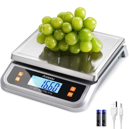Atogou 88lb Food Scale Commercial Kitchen Scale Plugin Usable with Full View LCD Display Stainless Steel for Baking Bread Cooking Meat Vegetables Farm Industry LC200 Silver - Image 1