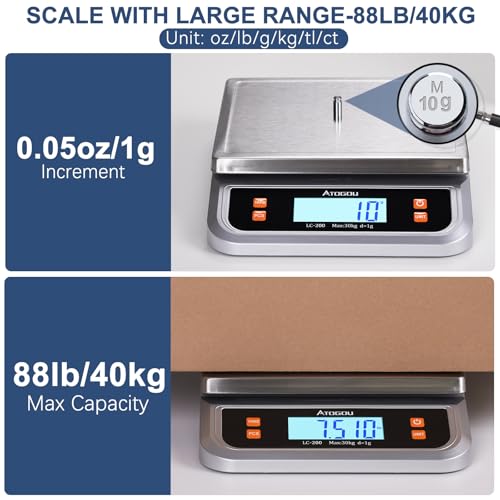 Atogou 88lb Food Scale Commercial Kitchen Scale Plugin Usable with Full View LCD Display Stainless Steel for Baking Bread Cooking Meat Vegetables Farm Industry LC200 Silver - Image 3